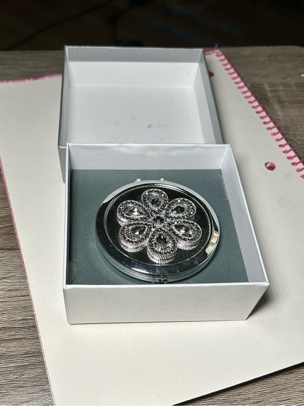 Liz Claiborne Silver Tone Rhinestone Floral Pocket Compact Mirror NIB